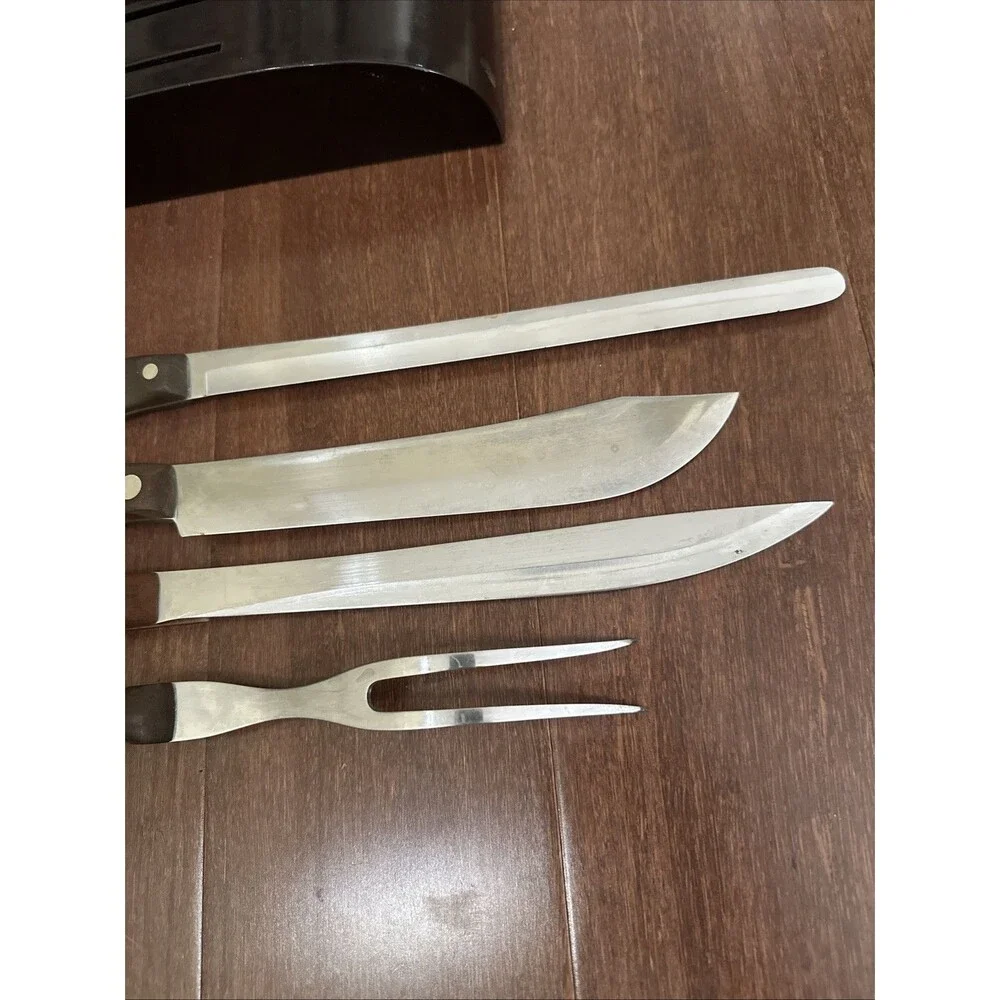 Vtg 4 Pc CUTCO Knife Set 22, 23, 24, 27 Brown Handles With Knife Holder READ